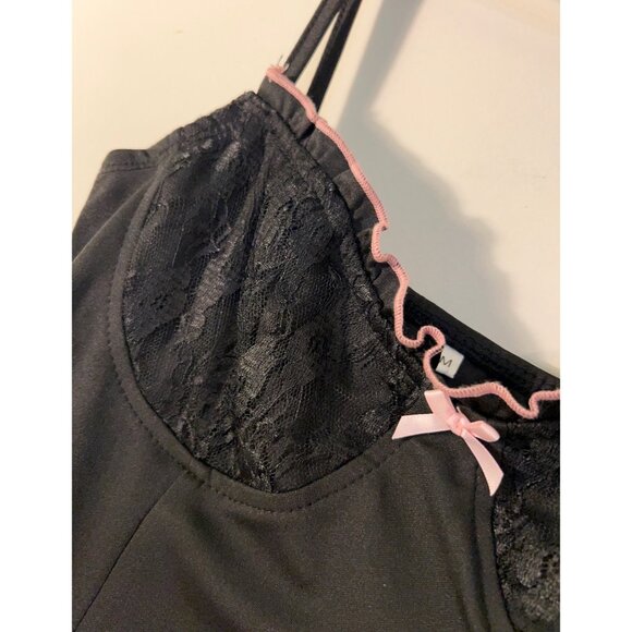 Black Slip Lace Dress Women Size M Babydoll Nightie Lingerie Chemise Cami Nightg - Picture 9 of 16